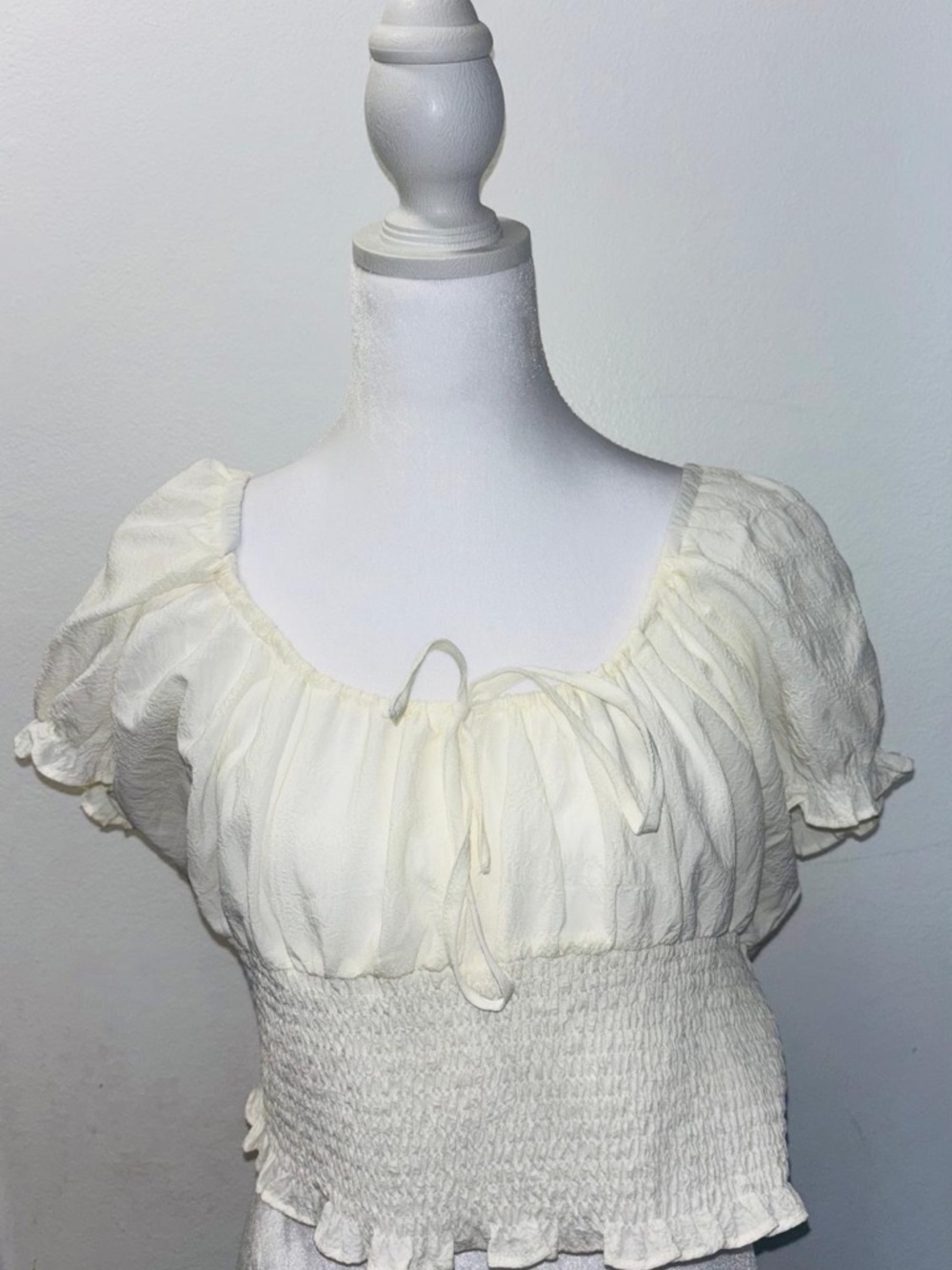 Smocked Ivory Peasant Blouse with Tie Neck